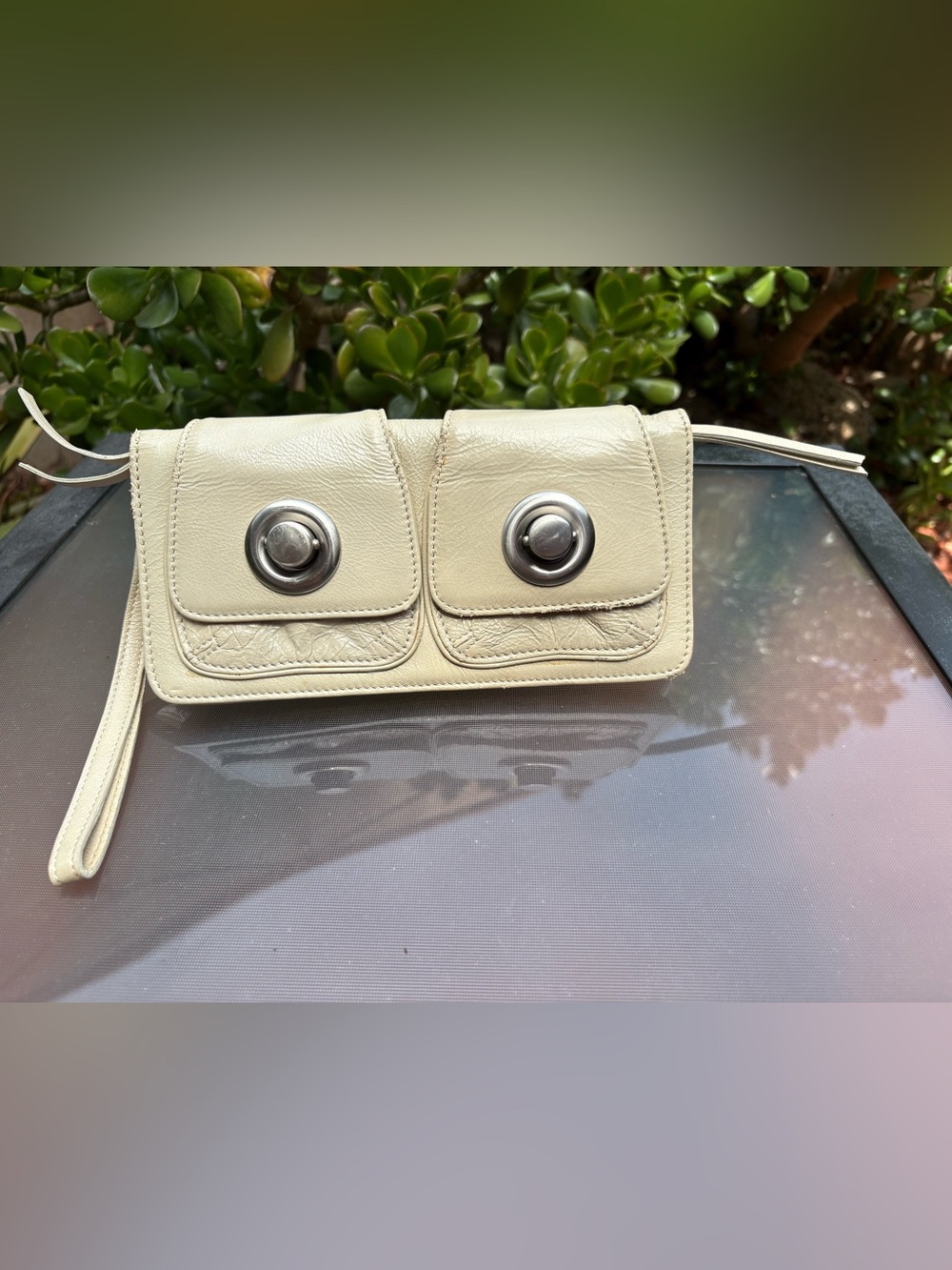 Latico Cream Leather Wristlet Clutch with Silver Button Details